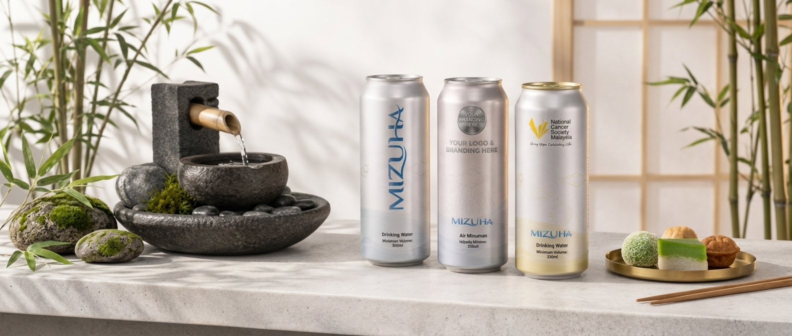 MIZUHA 330ml aluminum cans beside a zen water feature