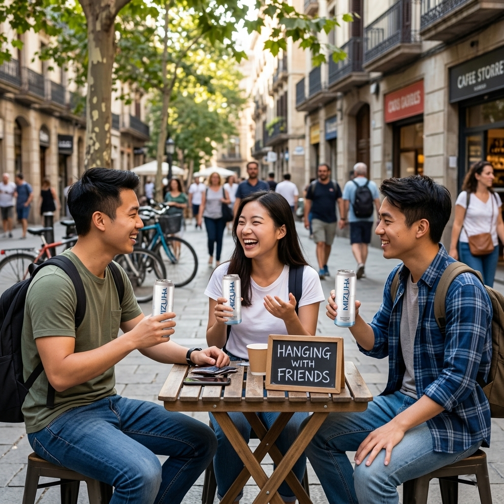 Friends enjoying MIZUHA at a street cafe